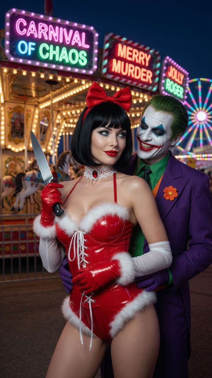 Sexy Mrs Claus with Joker at Carnival