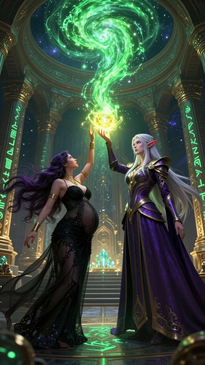 Dark Sorceress and Elf Mage Channeling Green Magic
