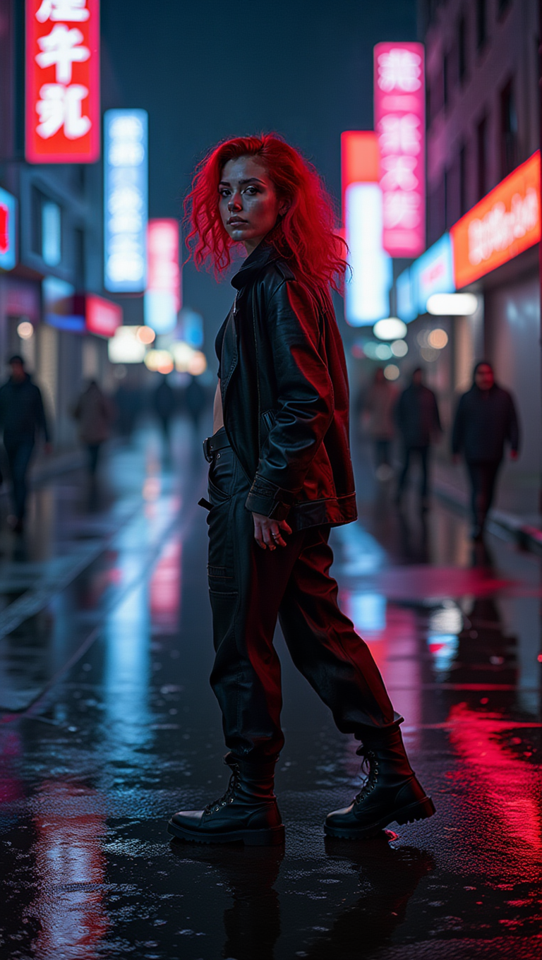 Neon Night Street Portraits with Red-Haired Cyberpunk Mood