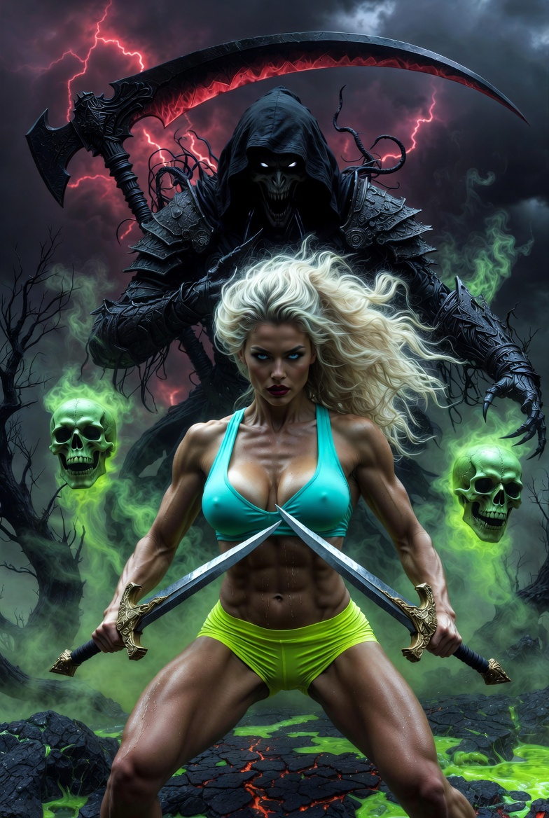 Blonde Warrior Facing Shadow Reaper in Hellscape