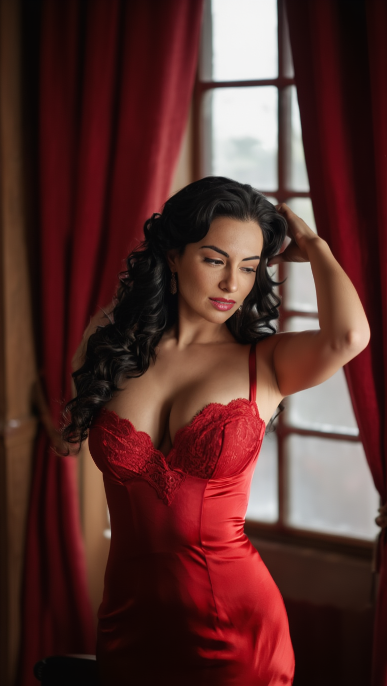 Classic Red Evening Dress Window Light Editorial Series