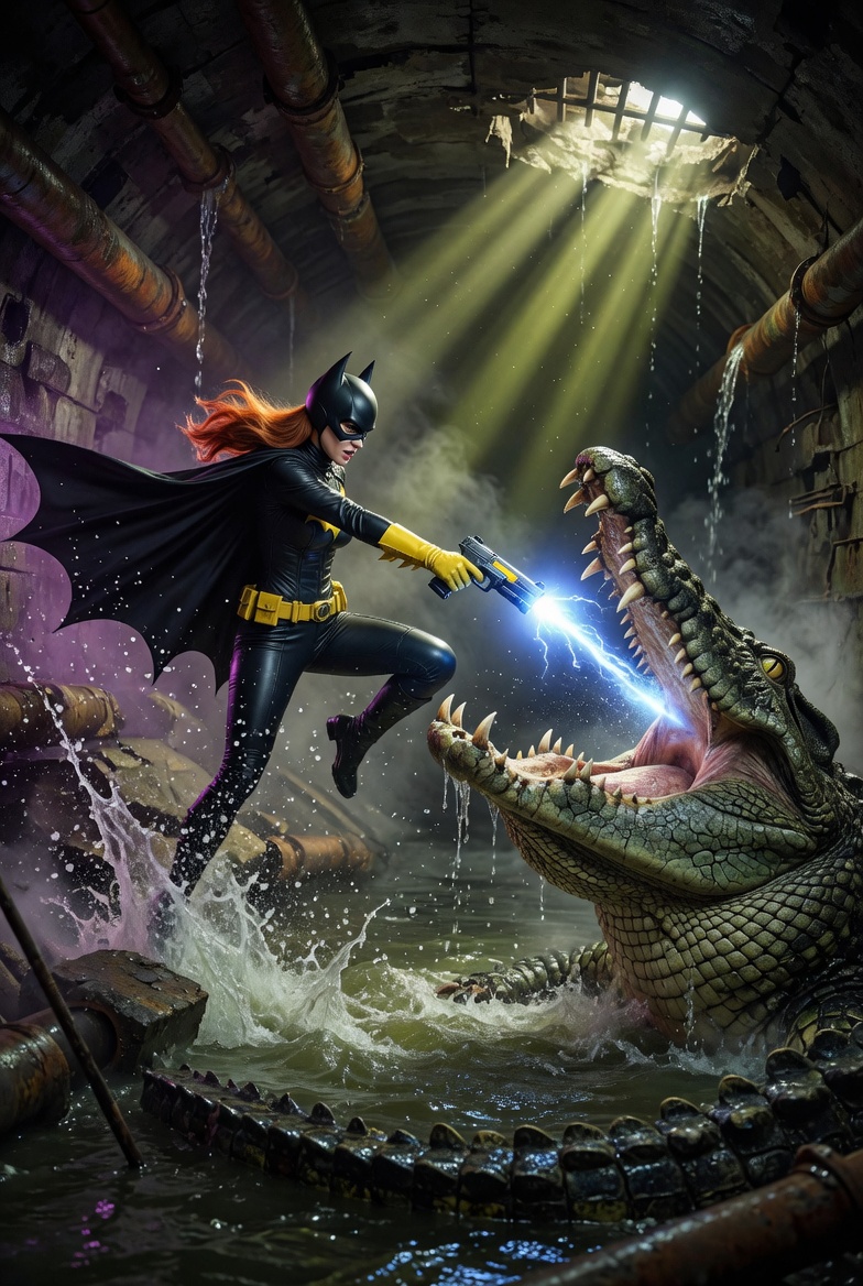 Batgirl vs Giant Crocodile in Sewer