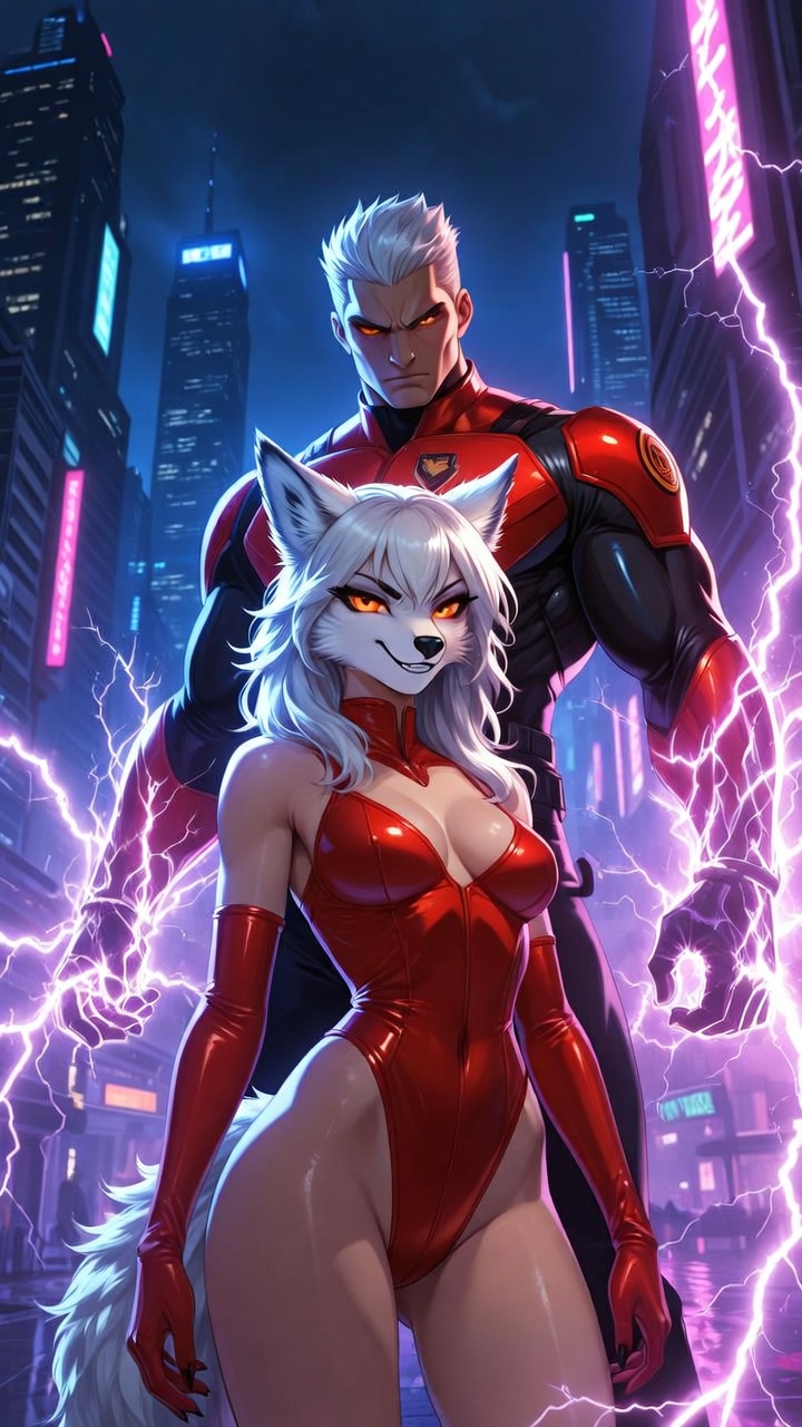Cyberpunk Wolf Femme and Electric Superhuman Alliance