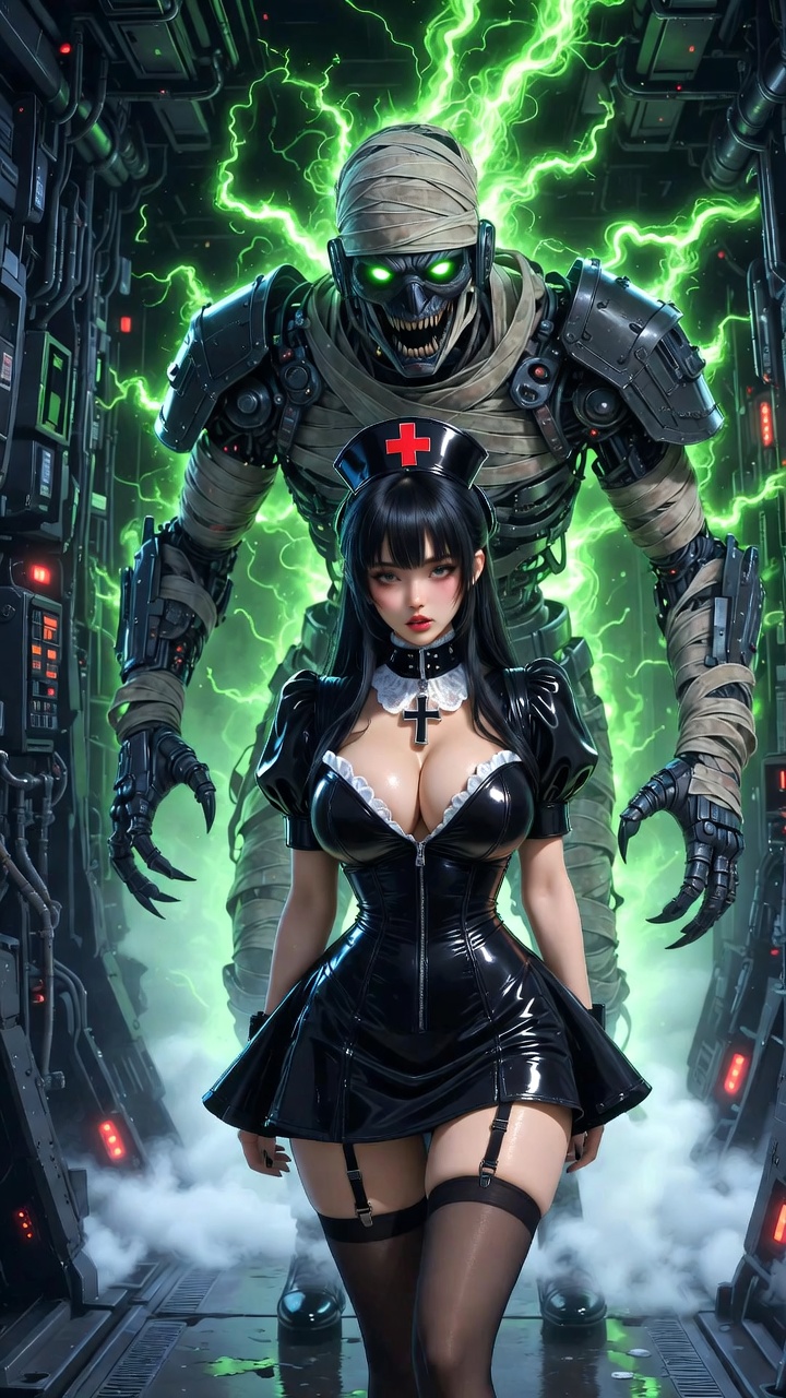 Latex Nurse and Glowing Cyber Mummy Guardian