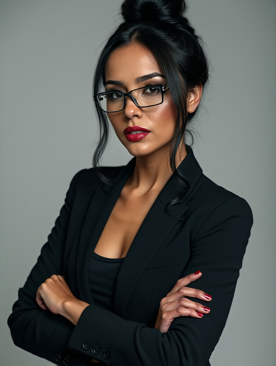 Power and Seduction: Brunette in Black Elegance and Glasses