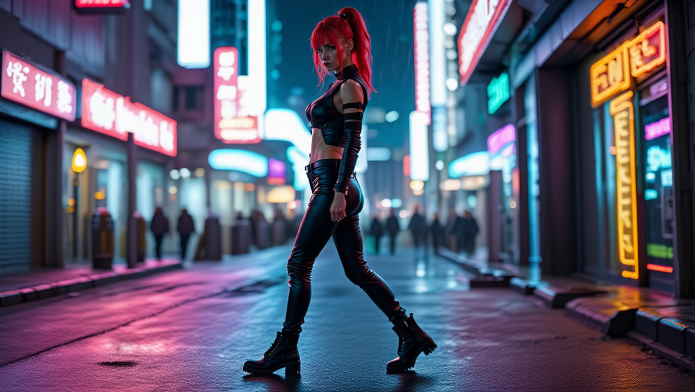 Neon Cyberpunk Street Warrior in Rain-Soaked City