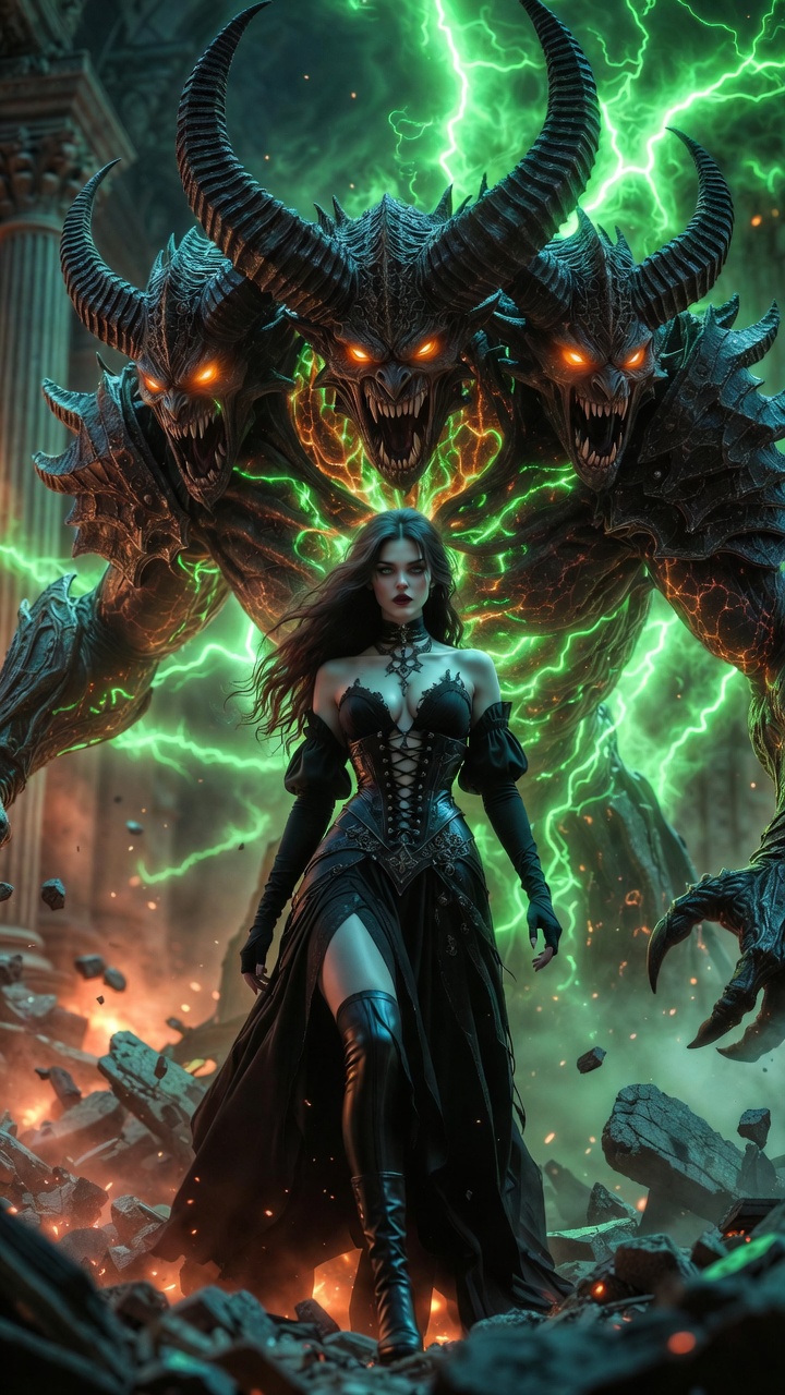 Dark Sorceress Commanding Infernal Twin Demon