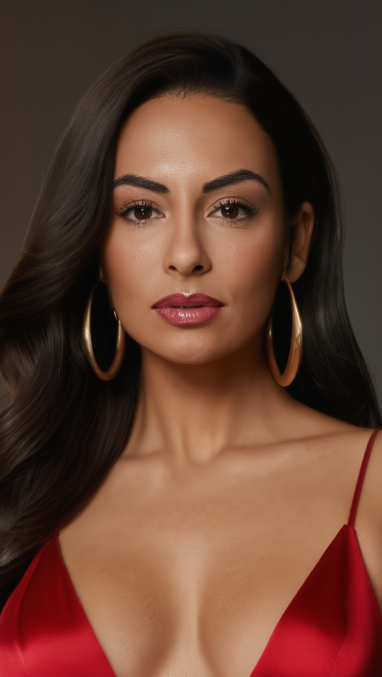 Red Allure: Brunette Elegance in Modern Cinematic Interiors