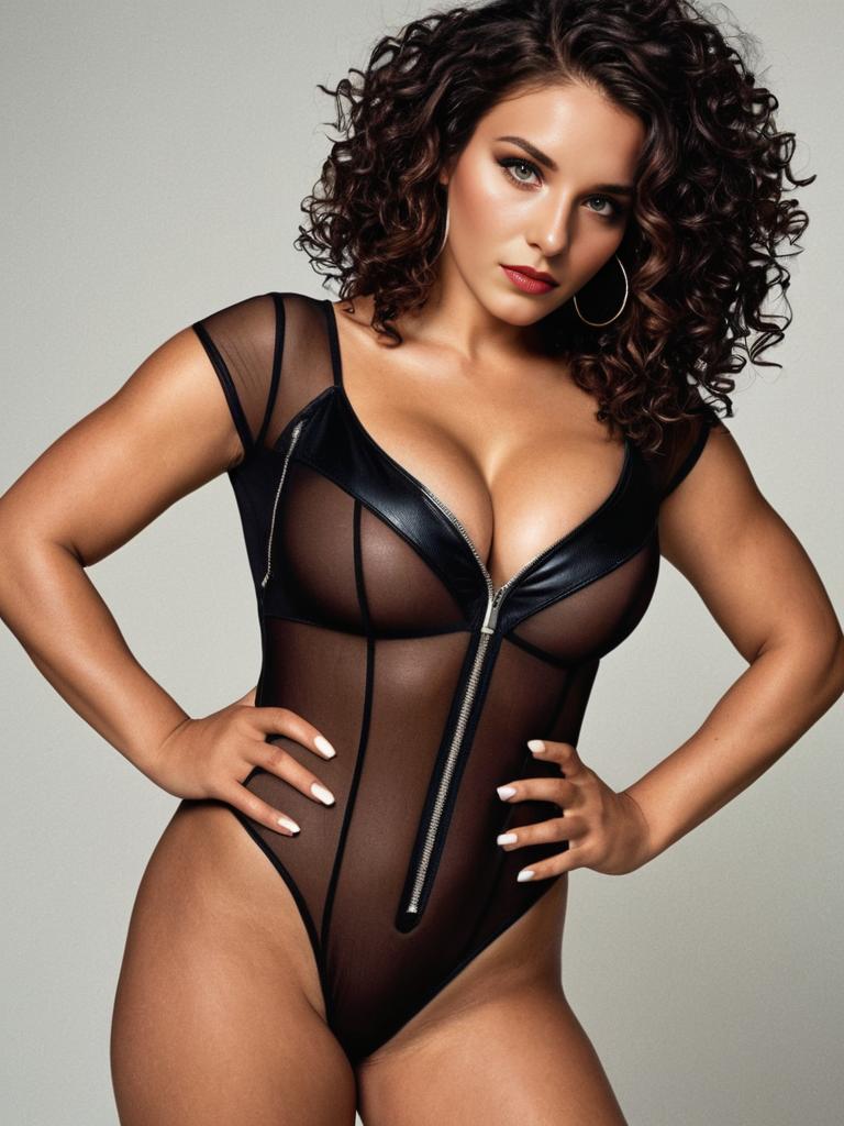 Curly Brunette in Sheer Black Bodysuit: Confident Studio Poses