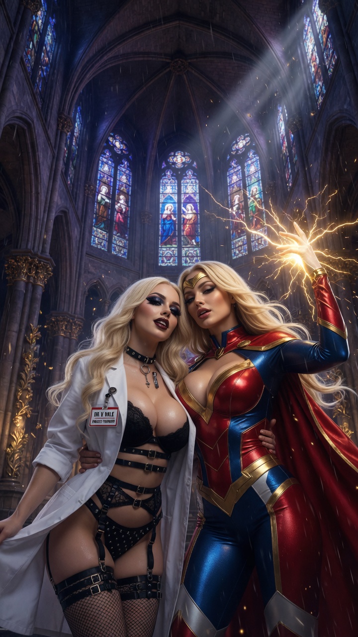 Blonde Superheroine and Lab Seductress Duo