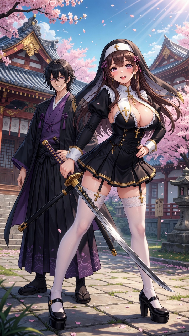 Seductive Nun and Samurai in Cherry Blossoms