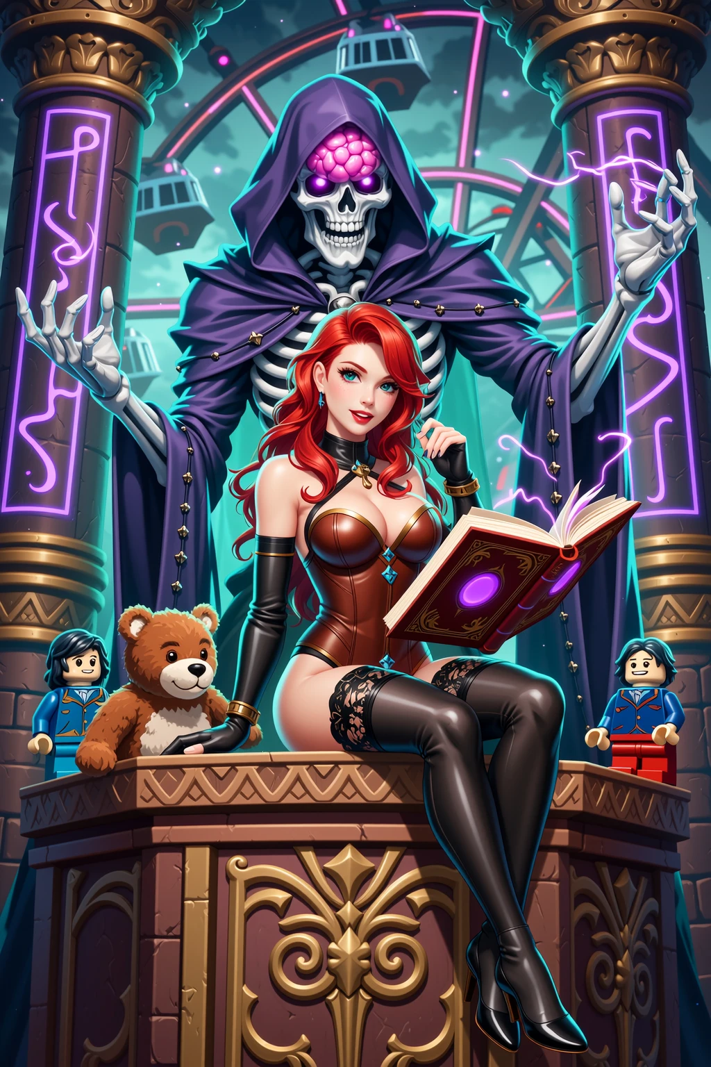 Seductive Redhead Sorceress with Brain Lich Necromancer