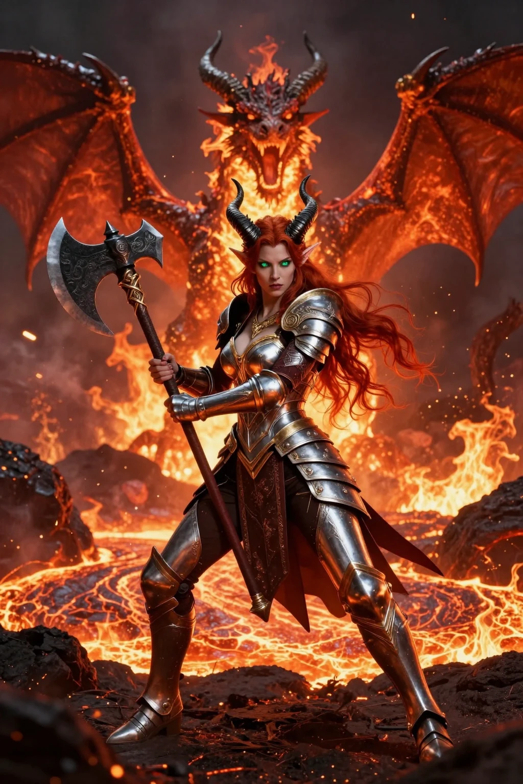 Horned Redhead Elf Warrior in Lava Realm