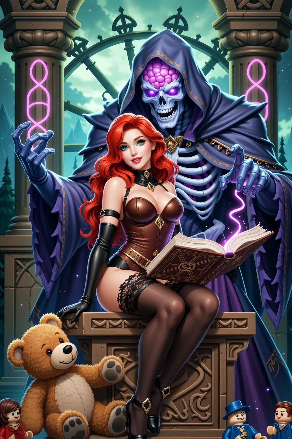 Seductive Redhead Sorceress with Brain Lich Necromancer