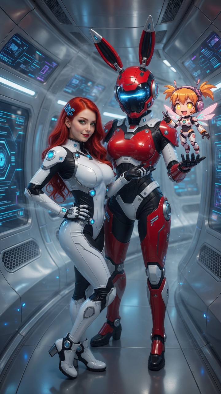 Redhead and Bunny Robot Duo