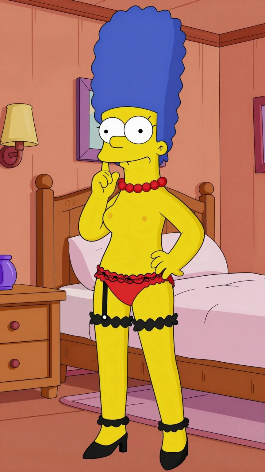 Nude Marge Simpson in Red Lingerie Bedroom