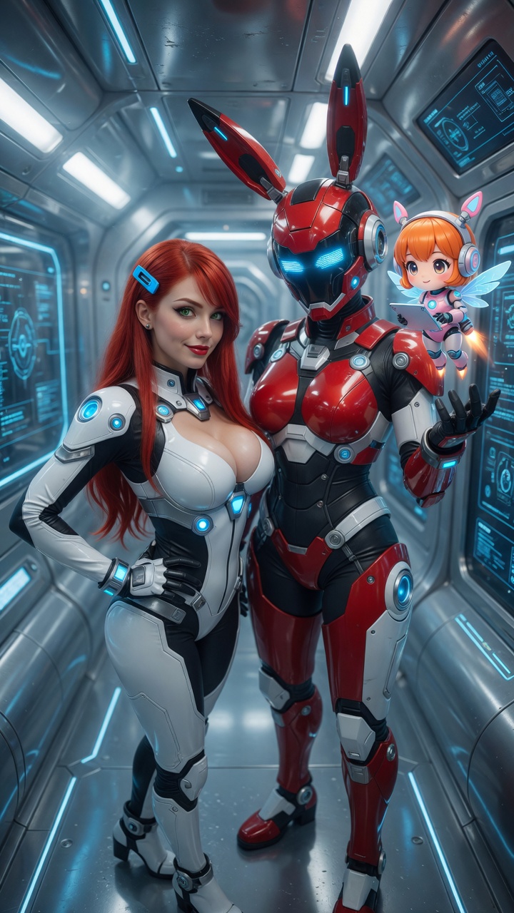 Redhead and Bunny Robot Duo
