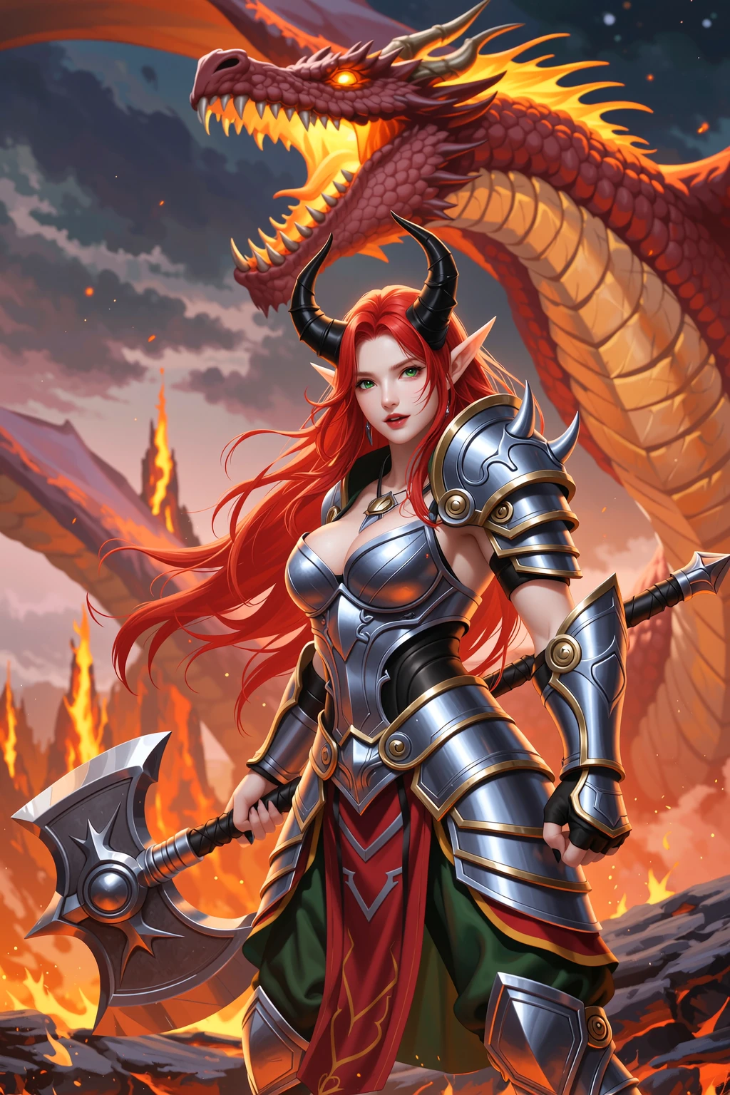Horned Redhead Elf Warrior in Lava Realm
