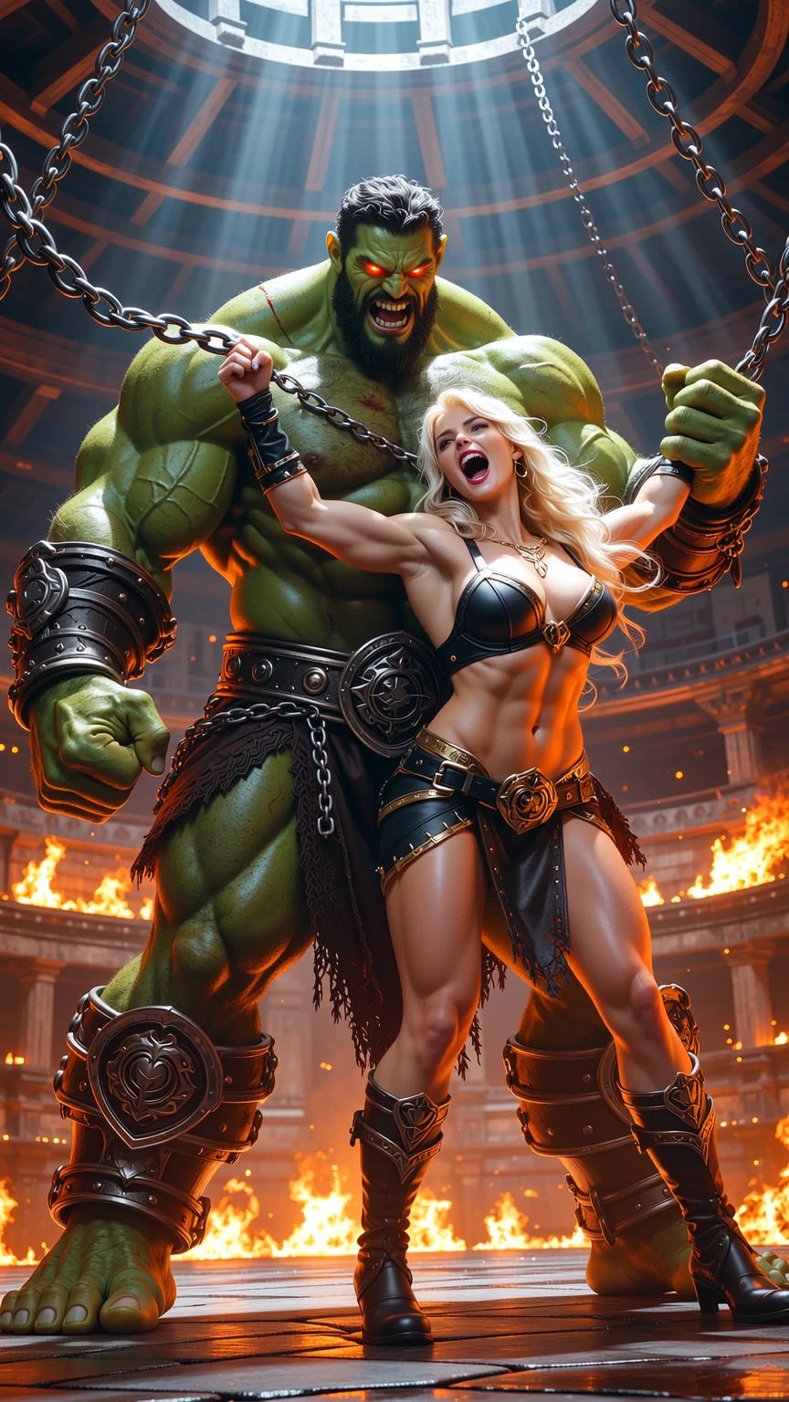 Massive Orc Crushes Blonde Warrior in Fiery Arena