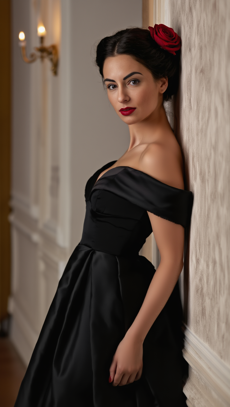 Black Rose Elegance: Victorian Muse in Candlelit Ballroom