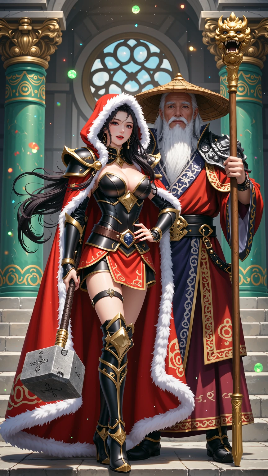 Red Riding Hood Warrior and Asian Sage in Ancient Temple