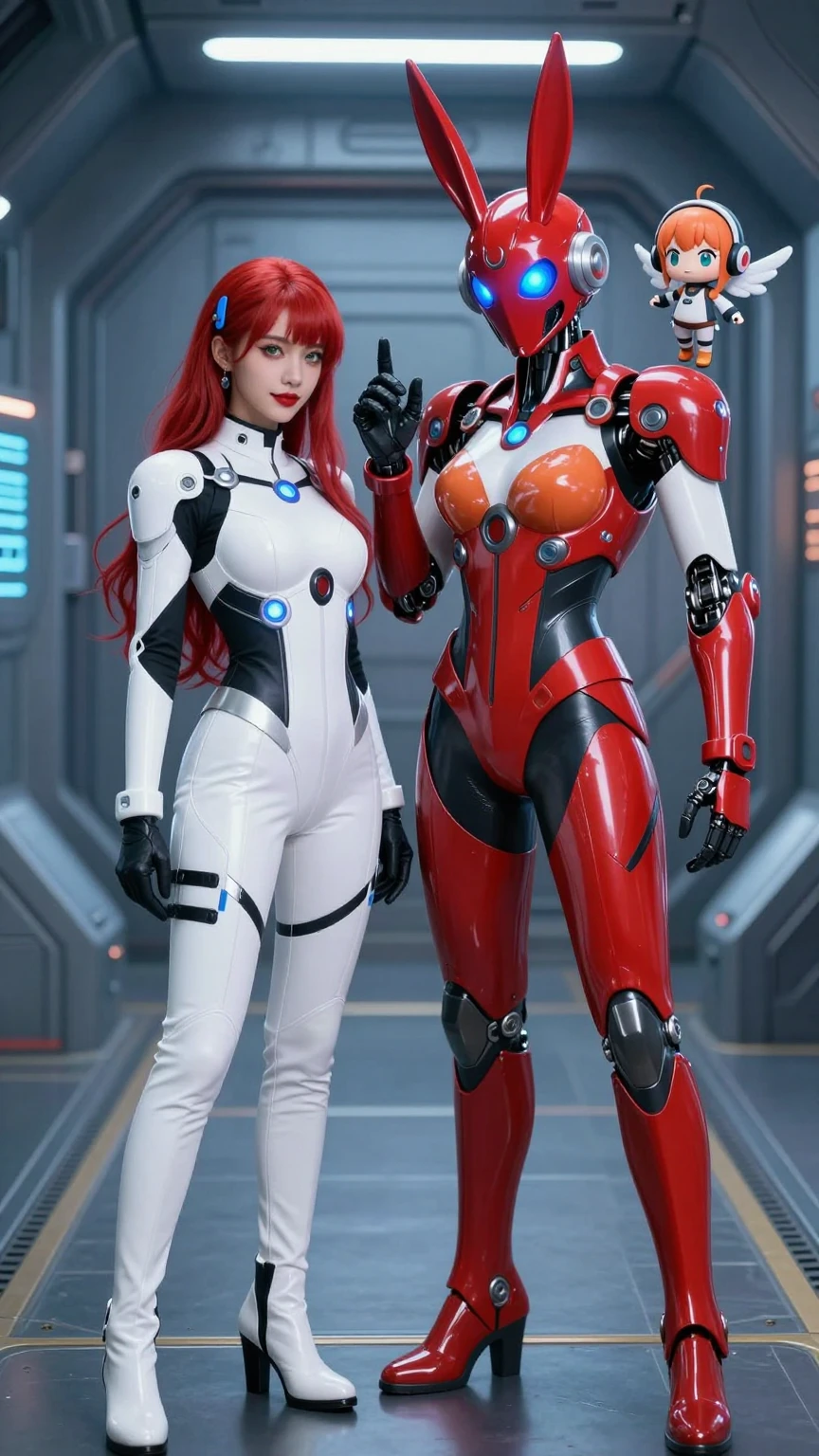 Redhead and Bunny Robot Duo