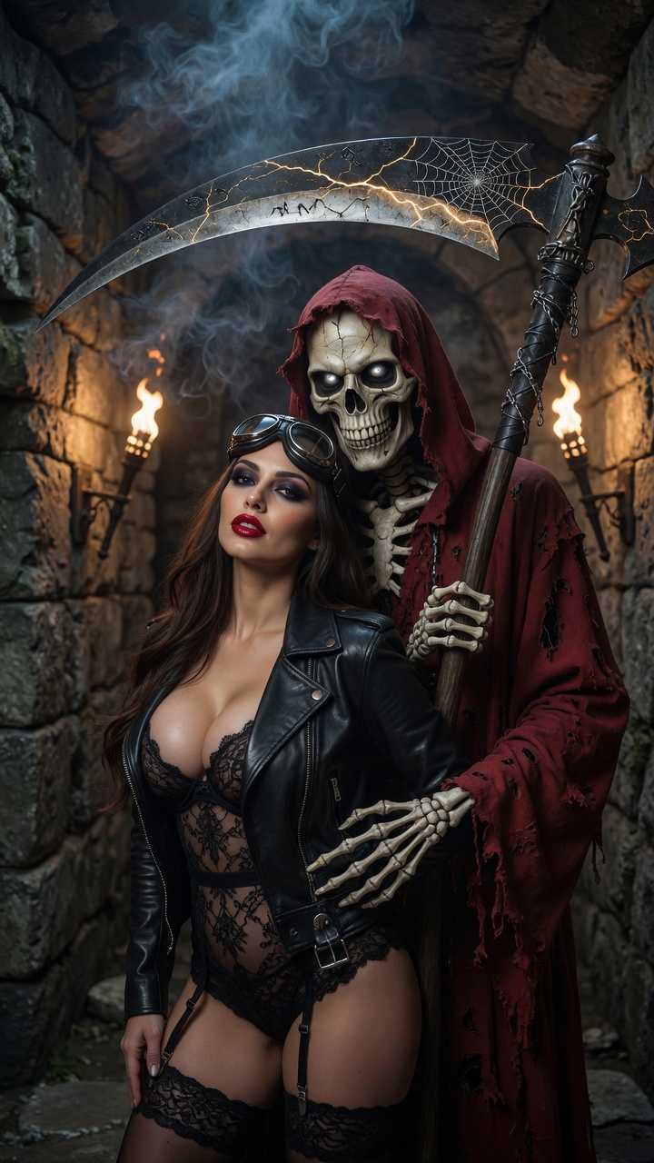 Brunette Seductress with Grim Reaper