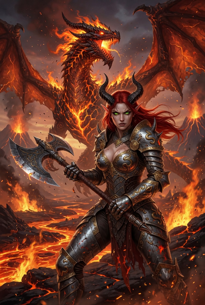 Horned Redhead Elf Warrior in Lava Realm