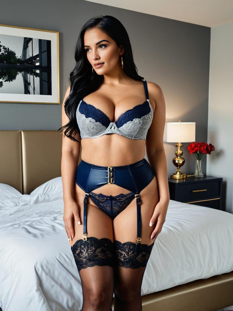 Busty Brunette in Navy Blue Lace Lingerie and Black Stockings