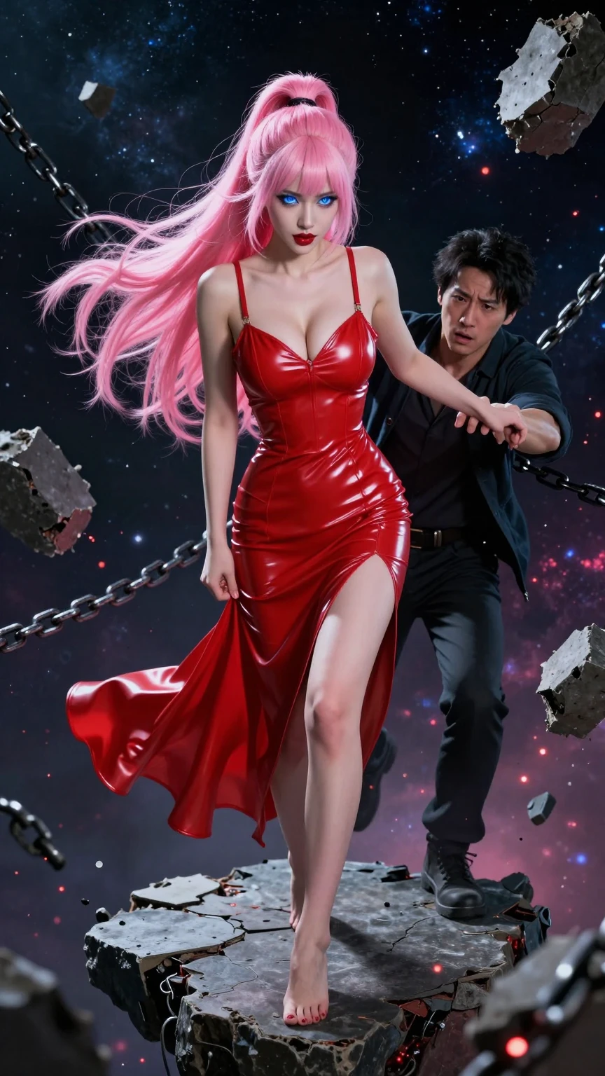 Pink-Haired Beauty in Red Latex Cosmic Peril