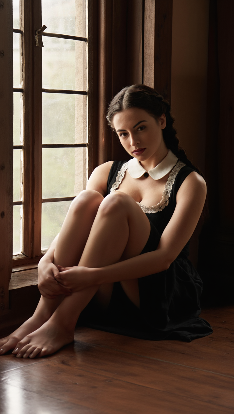 Silent Grace: Brunette Woman in Vintage Window Light Portraits