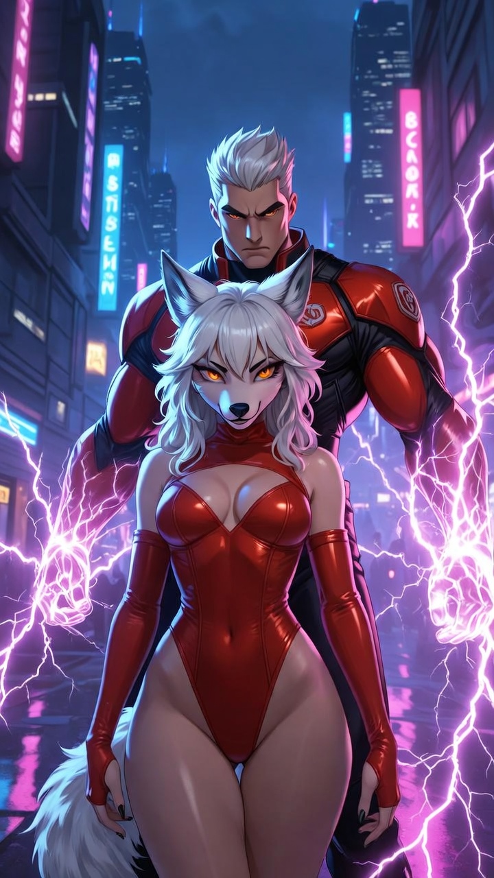 Cyberpunk Wolf Femme and Electric Superhuman Alliance