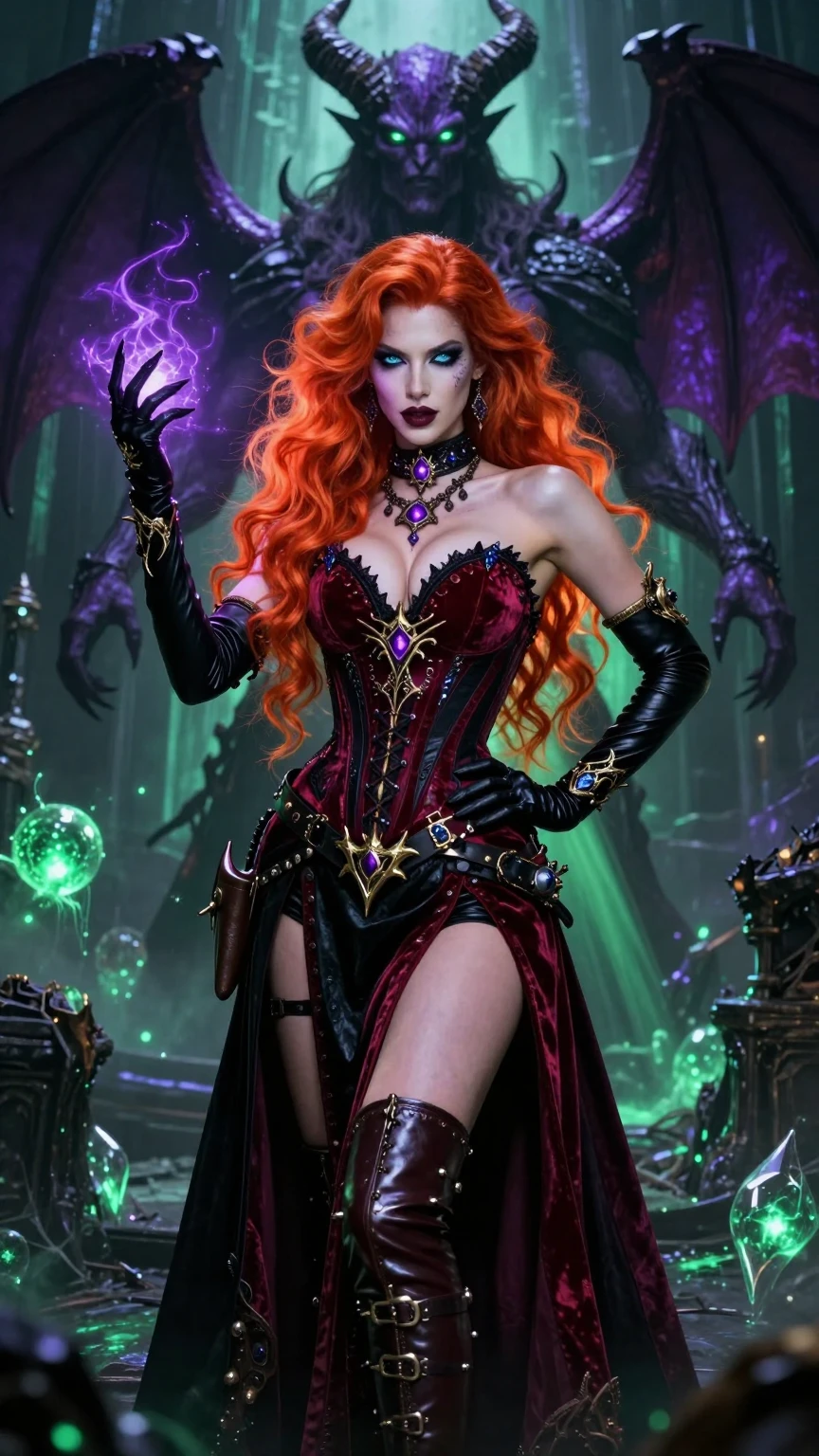 Crimson Sorceress Before Demonic Warlord Throne