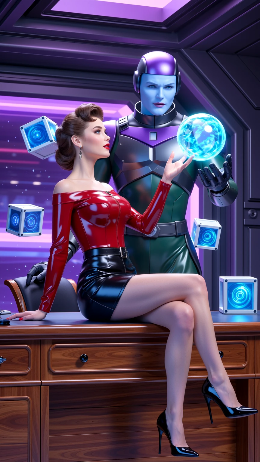 Cosmic Power Encounter in Neon Sci-Fi Chamber