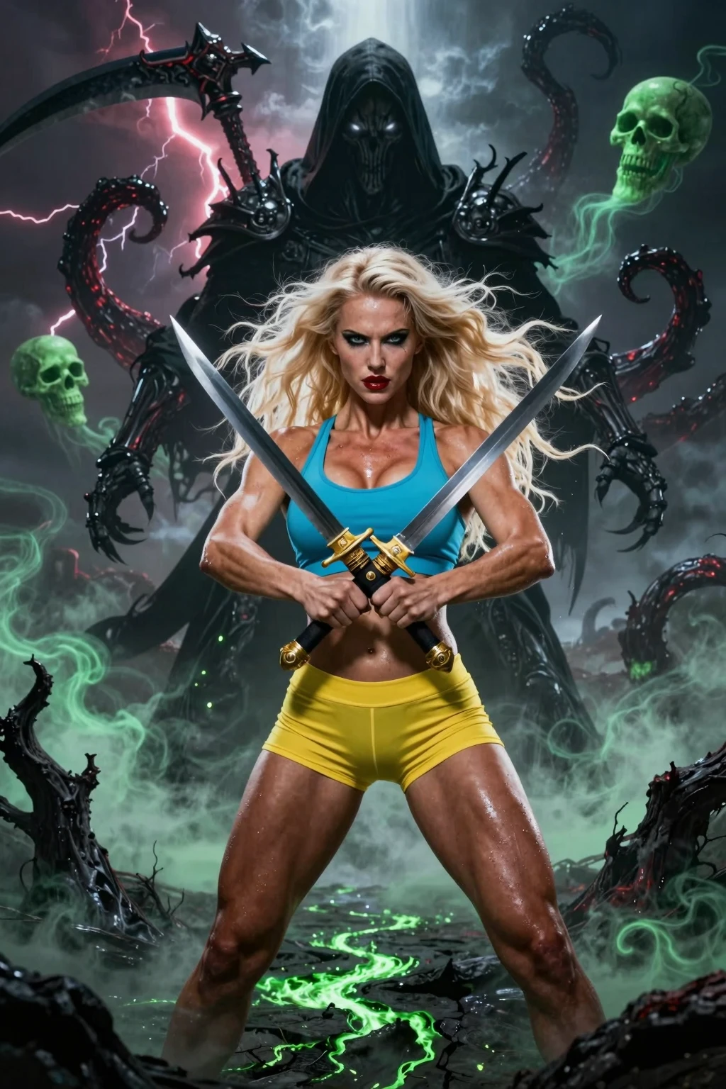 Blonde Warrior Facing Shadow Reaper in Hellscape