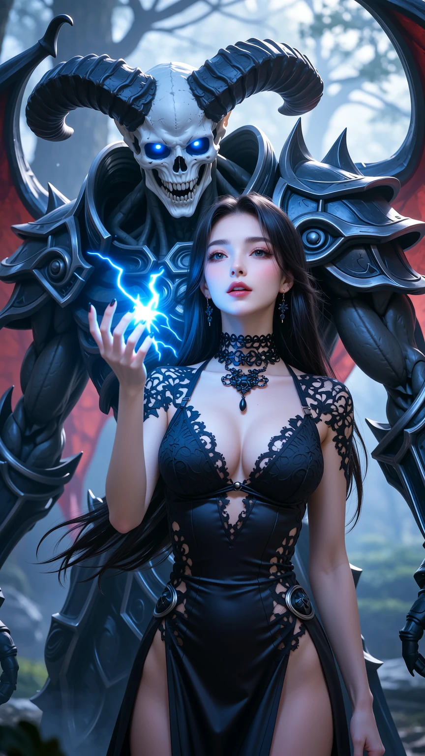 Dark Sorceress Commanding Lightning with Demonic Guardian