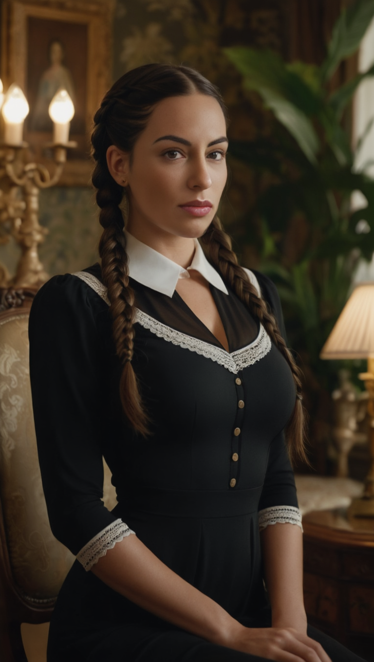 Victorian Silence: Braided Brunette in Classic Gothic Interior