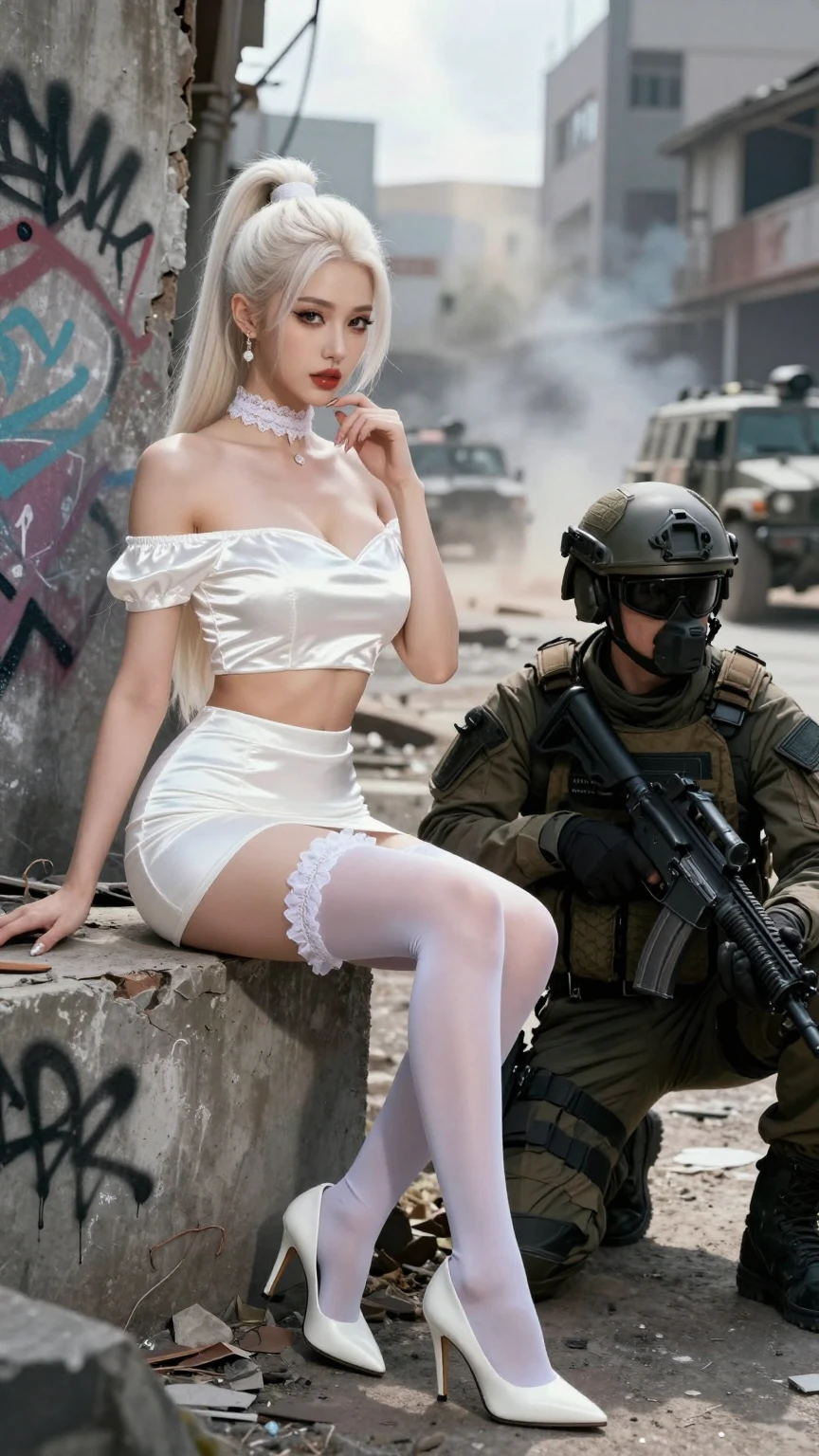 Blonde Beauty in White Satin with Tactical Soldier