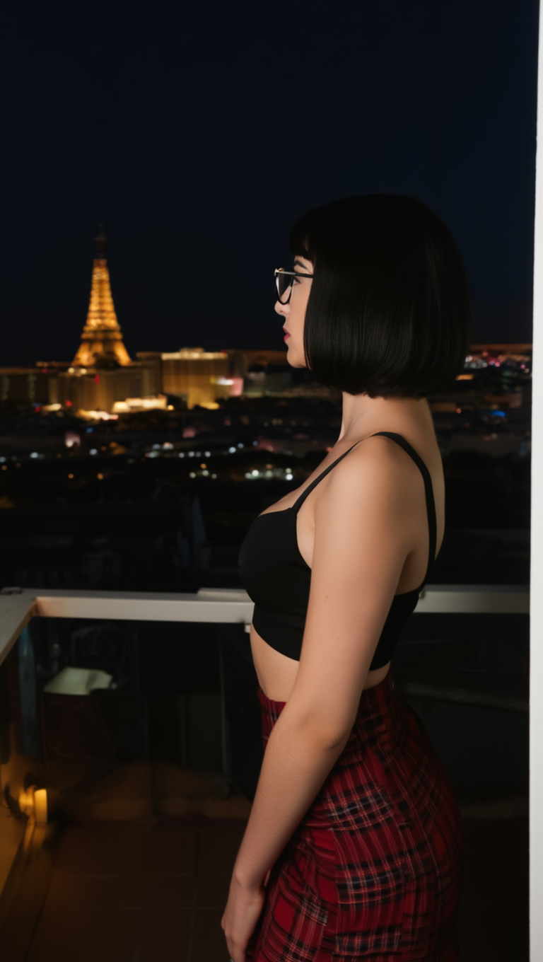 Night City Rooftop Portraits with Brunette in Glasses
