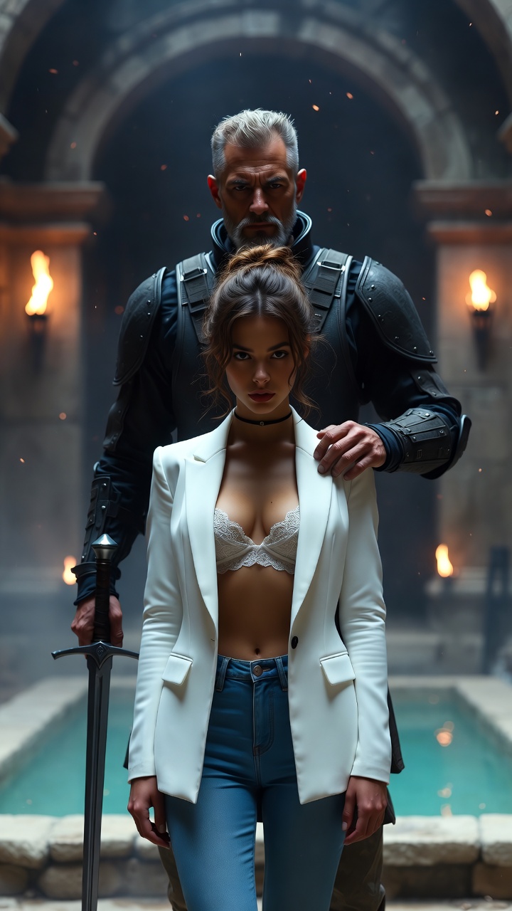 Modern Muse and Armored Guardian in Ancient Chamber