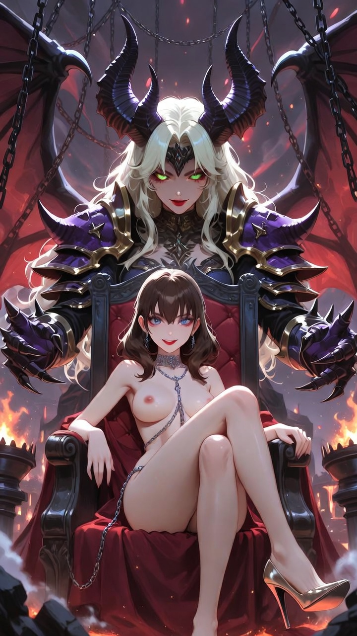 Nude Brunette and Demonic Hell Queen Guardian
