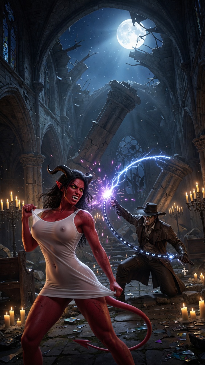 Demoness vs Vampire Hunter in Ruined Cathedral