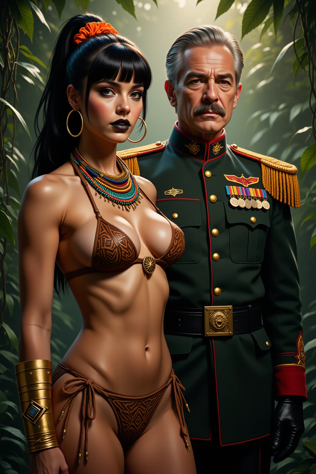 Exotic Tribal Bikini Beauty with Military Officer Jungle Adventure Series