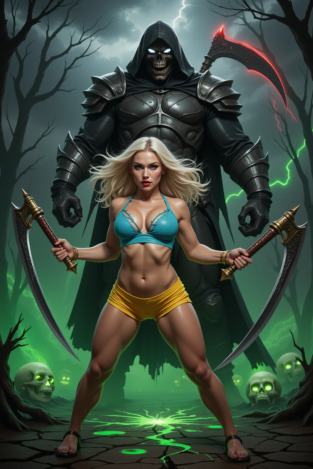 Blonde Warrior Facing Shadow Reaper in Hellscape