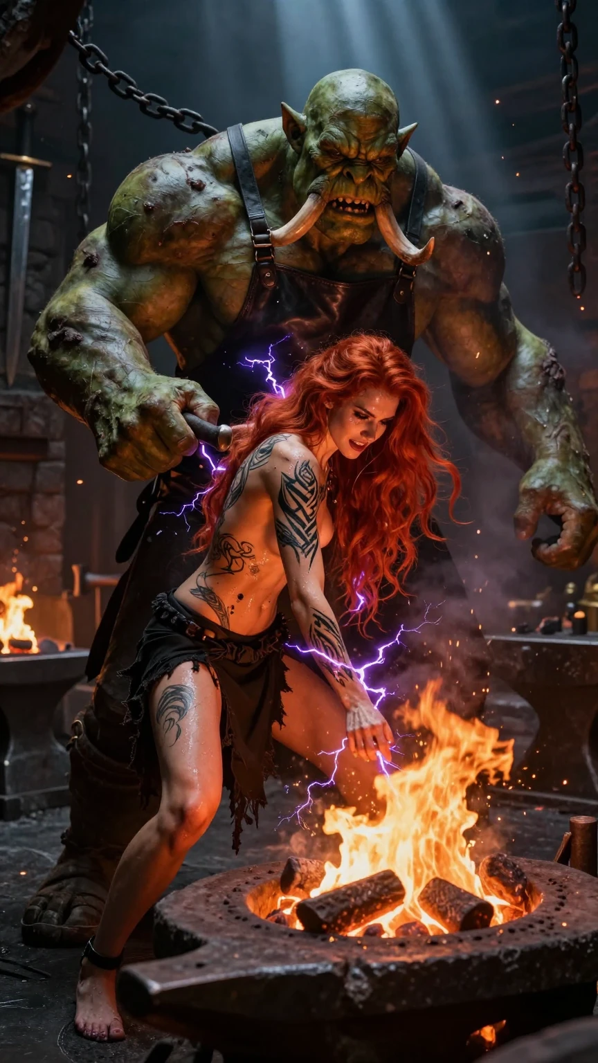 Orc Blacksmith Dominates Tattooed Redhead in Forge