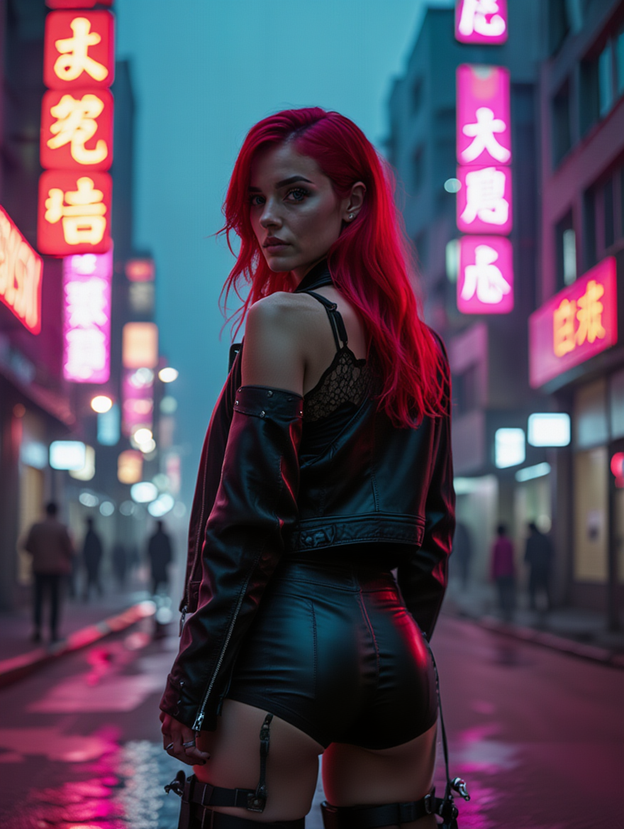 Neon Alley Cyberpunk Rebel Under Dystopian City Lights