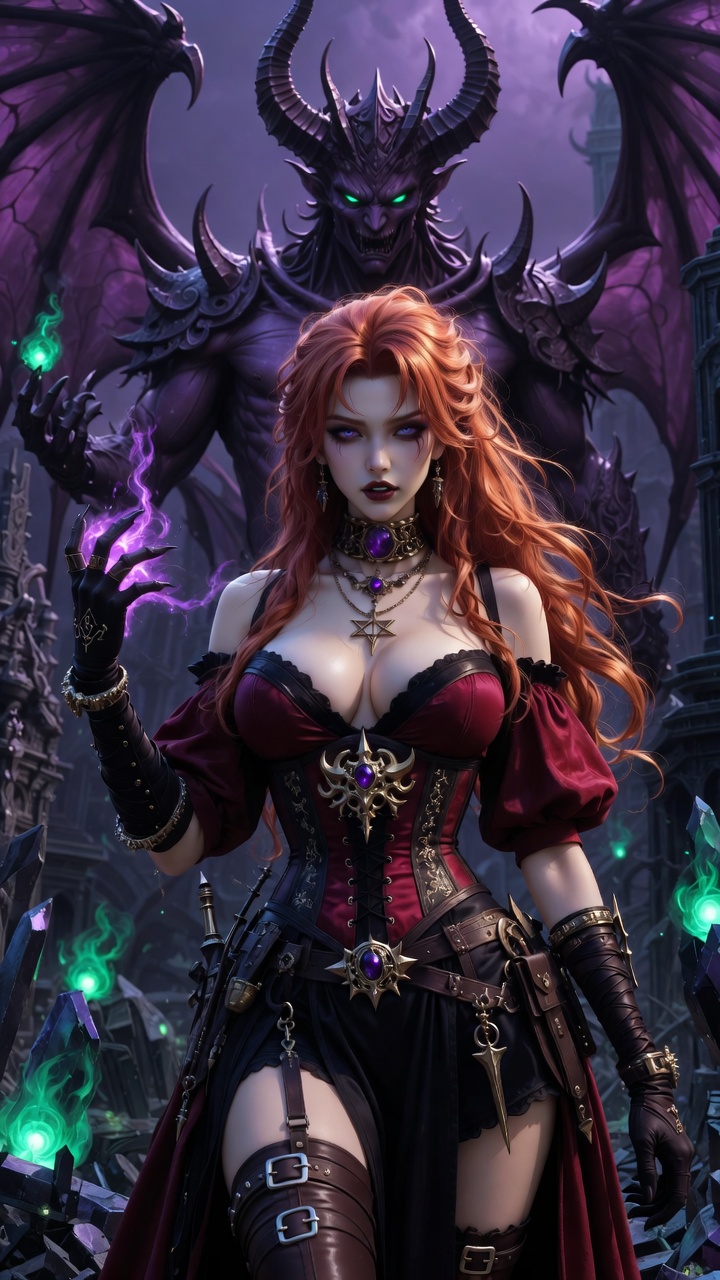 Crimson Sorceress Before Demonic Warlord Throne