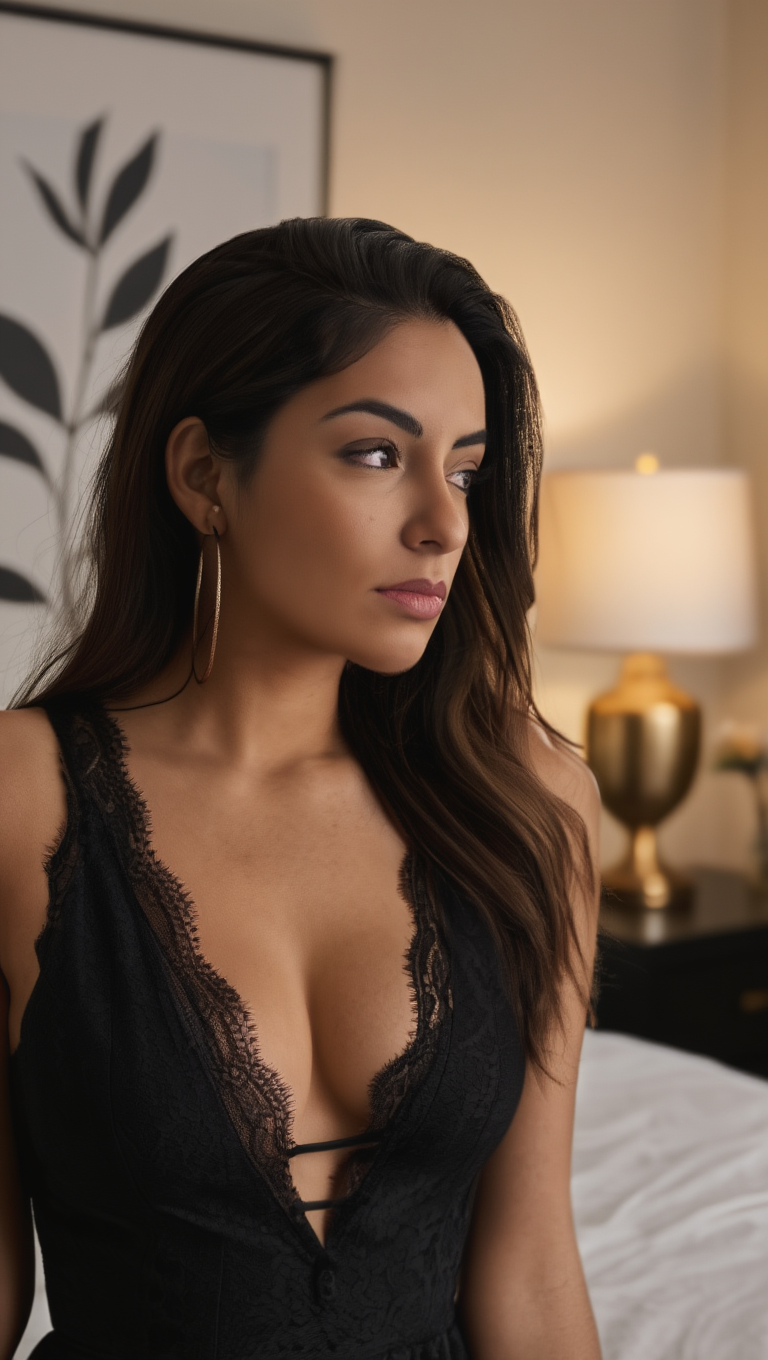 Midnight Bedroom Elegance: Brunette Muse in Soft Hotel Light
