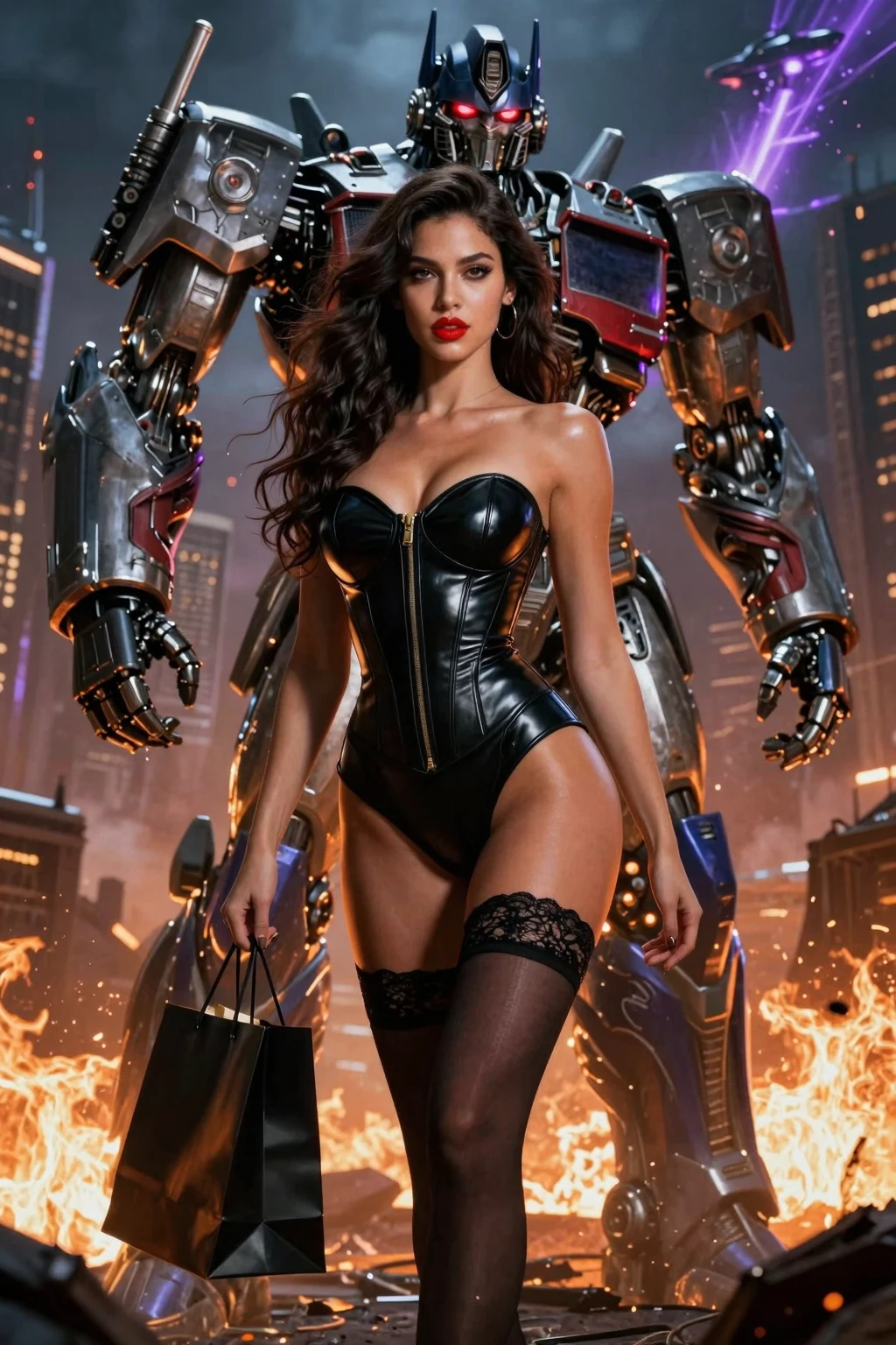 Seductive Beauty with Megatron in Apocalyptic City Destruction Series