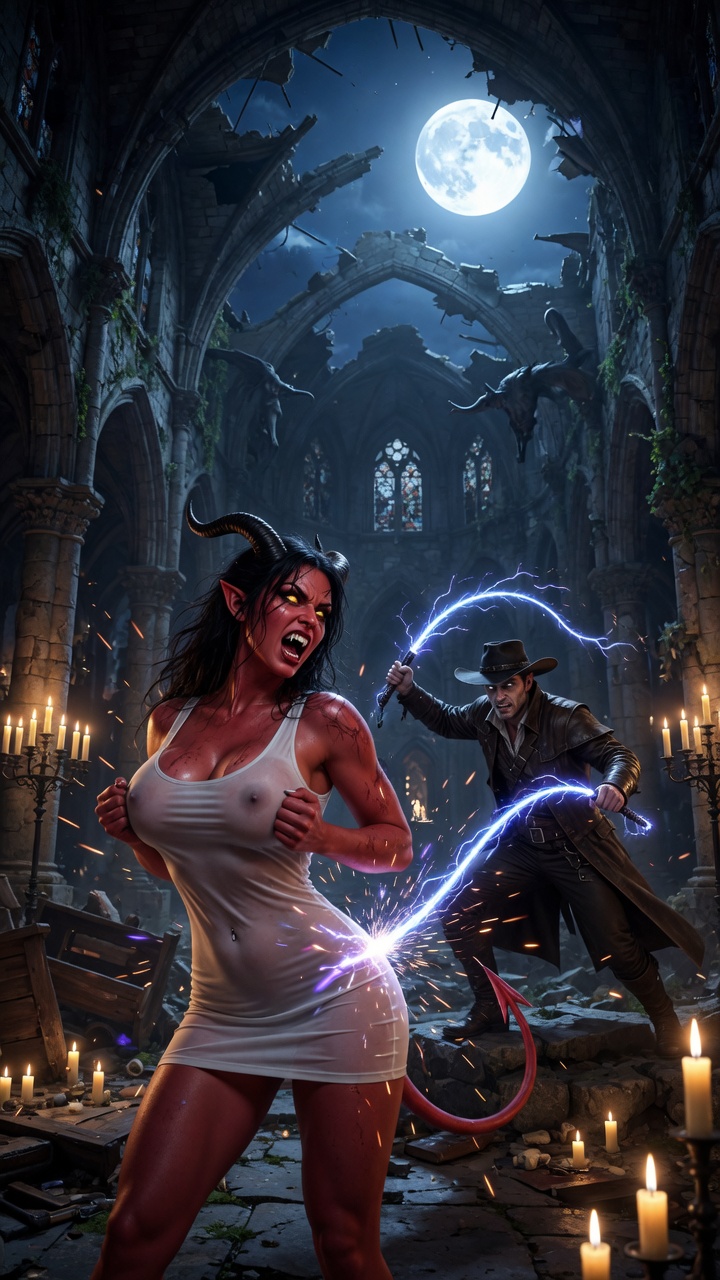Demoness vs Vampire Hunter in Ruined Cathedral
